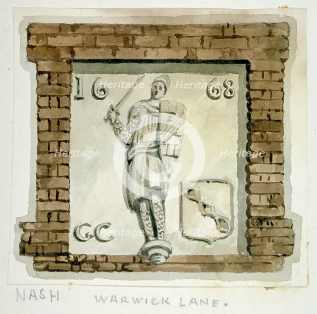 Effigy of Guy, Earl of Warwick, on the wall of a house in Warwick Lane, City of London, c1820.       Artist: Frederick Nash