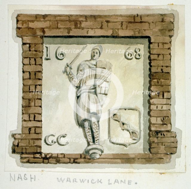 Effigy of Guy, Earl of Warwick, on the wall of a house in Warwick Lane, City of London, c1820.       Artist: Frederick Nash