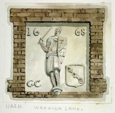 Effigy of Guy, Earl of Warwick, on the wall of a house in Warwick Lane, City of London, c1820. Artist: Frederick Nash