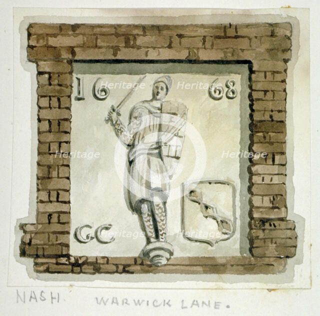 Effigy of Guy, Earl of Warwick, on the wall of a house in Warwick Lane, City of London, c1820.       Artist: Frederick Nash