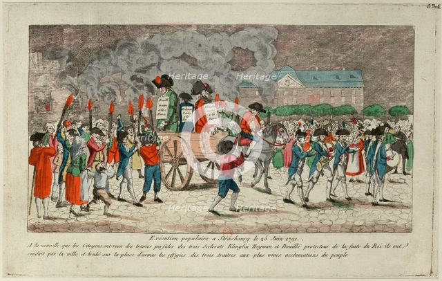 Effigy Burning of  Klinglin, Heymann and Bouille on Juny 25, 1791 in  Strasbourg, 1791. Creator: Anonymous.