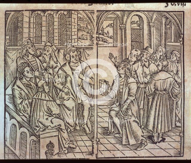 Efforts by Columbus to convince on the theories of the New World, illustration from the book 'Gen…