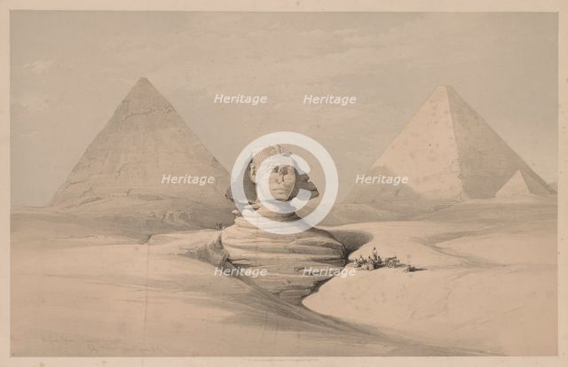 Egypt and Nubia: Volume I - No. 18, The Great Sphinx, Pyramids of Gizeh, Front View, 1839. Creator: Louis Haghe (British, 1806-1885).