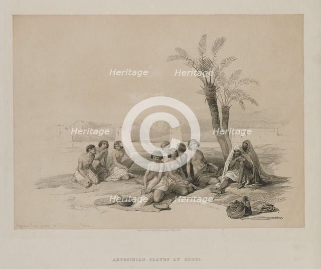 Egypt and Nubia, Volume I: Abyssinian Slaves Resting at Korti-Nubia, 1847. Creator: Louis Haghe (British, 1806-1885); F.G.Moon, 20 Threadneedle Street, London.