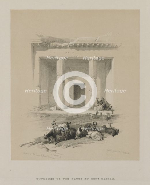 Egypt and Nubia, Volume I: Entrance to the Caves of Beni-Hasan, 1847. Creator: Louis Haghe (British, 1806-1885); F.G.Moon, 20 Threadneedle Street, London.