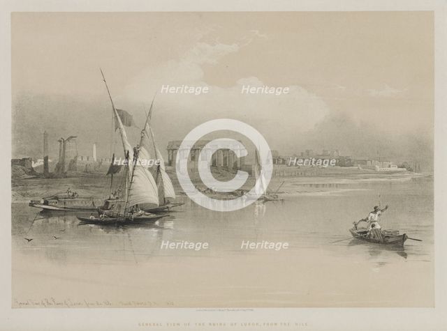 Egypt and Nubia, Volume I: General View of the Ruins of Luxor, From the Nile, 1846. Creator: Louis Haghe (British, 1806-1885); F.G.Moon, 20 Threadneedle Street, London.