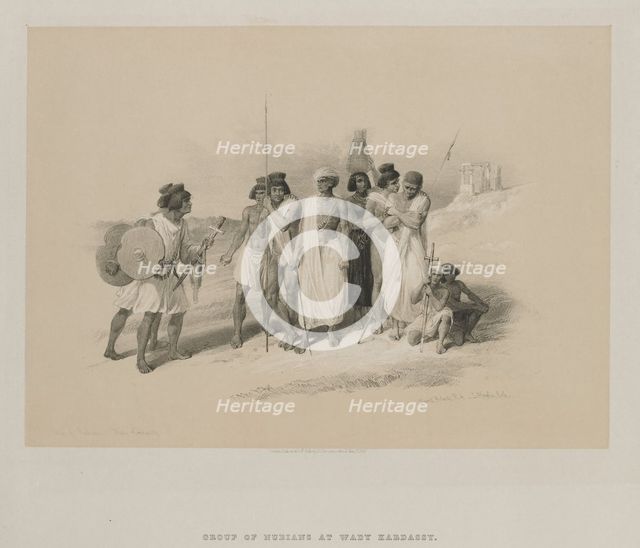 Egypt and Nubia, Volume II: Group of Nubians-Wady Kardasey, 1847. Creator: Louis Haghe (British, 1806-1885); F.G.Moon, 20 Threadneedle Street, London.