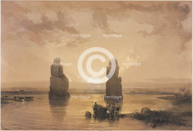 Egypt and Nubia, Volume II: Statues of Memnon at Thebes, during the Inundation, 1848. Creator: Louis Haghe (British, 1806-1885); F.G. Moon, 20 Threadneedle Street, London.