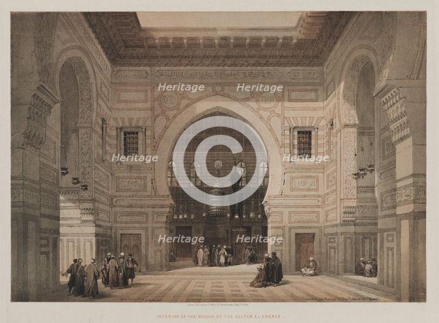 Egypt and Nubia, Volume III: Interior of the Mosque of the Sultan El Ghoree , 1849. Creator: Louis Haghe (British, 1806-1885); F.G. Moon, 20 Threadneedle Street, London.