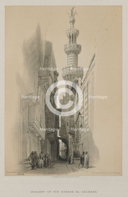 Egypt and Nubia, Volume III: The Minaret of the Mosque El Rhamree, 1848. Creator: Louis Haghe (British, 1806-1885); F.G. Moon, 20 Threadneedle Street, London.