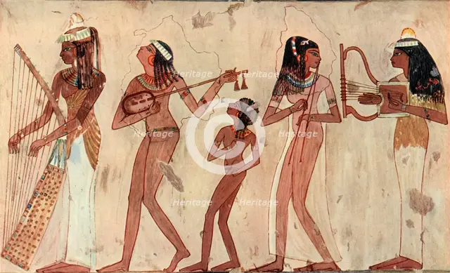 'Egyptian arched harp, lute, double oboe and lyre; tomb painting in Veset (Thebes) c.1420-1411 B.C.' Artist: Unknown.
