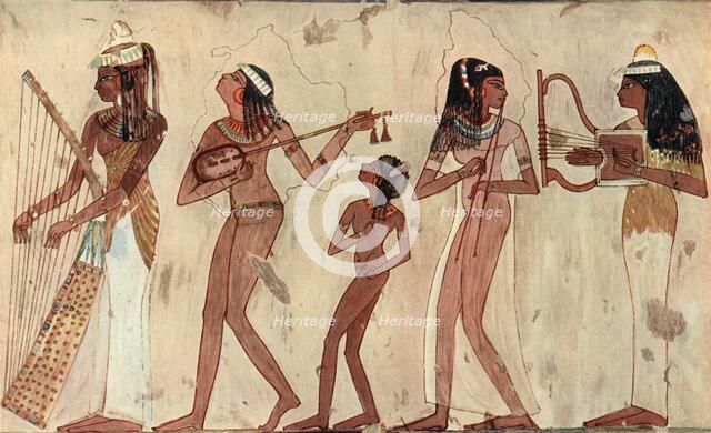 'Egyptian arched harp, lute, double oboe and lyre; tomb painting in Veset (Thebes) c.1420-1411 B.C.' Artist: Unknown.
