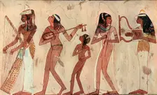 Egyptian arched harp, lute, double oboe and lyre; tomb painting in Veset (Thebes) c.1420-1411 B.C