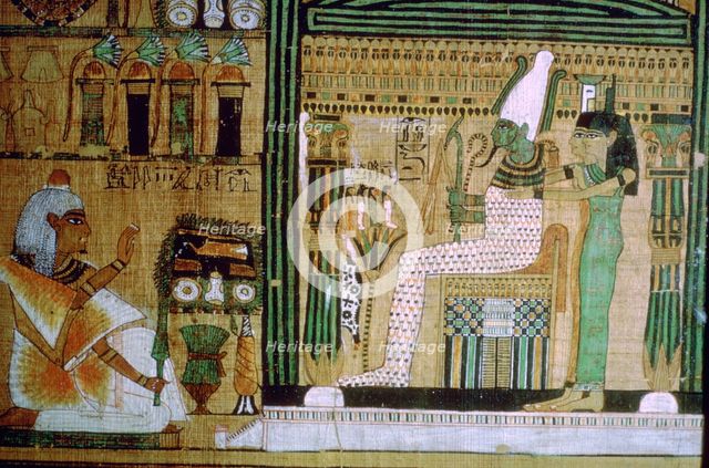 Egyptian Book of the Dead of the deceased kneeling before the gods of the underworld. Artist: Unknown