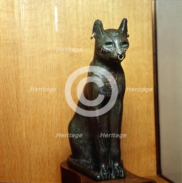 Egyptian Bronze Cat, Sacred to the Goddess Bastet, Roman Period. c664BC-332 BC.  Artist: Unknown.