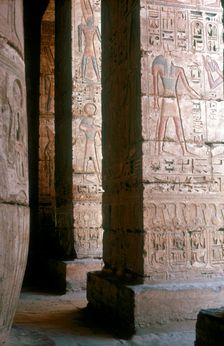 Egyptian gods engraved on pillars, Mortuary Temple, Medinat Habu, Egypt, c12th century BC