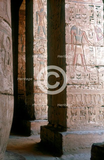 Egyptian gods engraved on pillars, Mortuary Temple, Medinat Habu, Egypt, c12th century BC. Artist: Unknown
