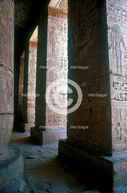 Egyptian gods engraved on pillars, Mortuary Temple, Medinat Habu, Egypt, c12th century BC. Artist: Unknown