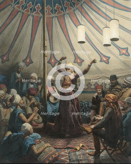 Egyptian dancer in a tent, with musicians and spectators, 1868 or later.  Creator: Willem de Famars Testas.