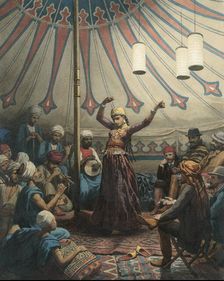 Egyptian dancer in a tent, with musicians and spectators, 1868 or later. Creator: Willem de Famars Testas