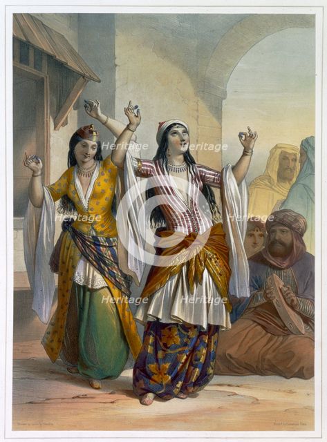 Egyptian dancing girls performing the Ghawazi at Rosetta, Egypt, 1848. Creator: Achille Deveria.