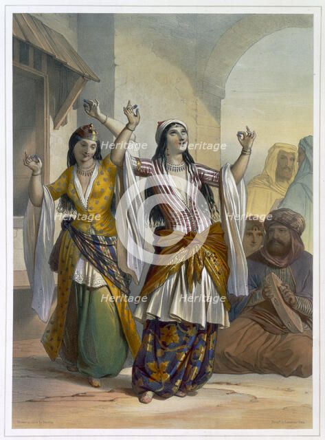 Egyptian dancing girls performing the Ghawazi at Rosetta, Egypt, 1848. Artist: Achille Deveria