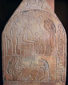 Egyptian detail of the funerary stele of a singer in the temple of Amon