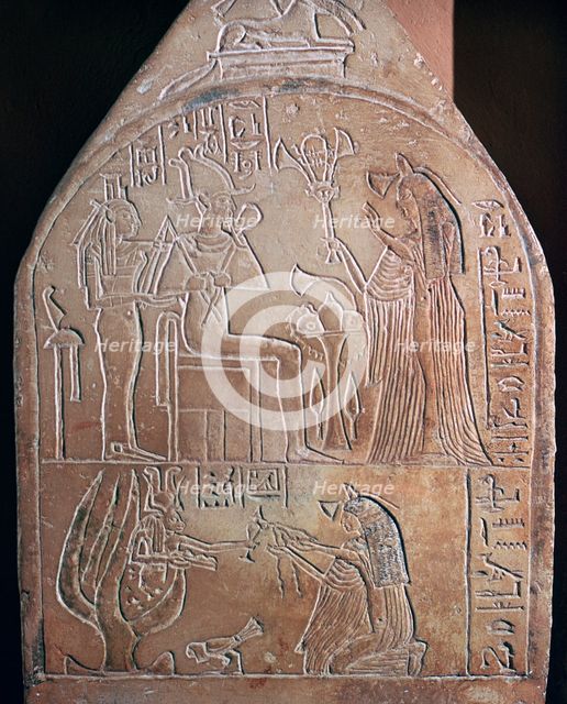 Egyptian detail of the funerary stele of a singer in the temple of Amon. Artist: Unknown