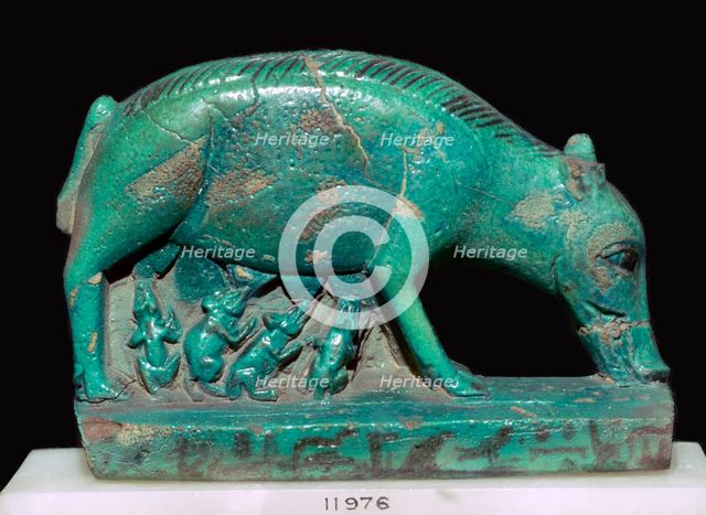 Egyptian faience statuette of a sow and piglets. Artist: Unknown