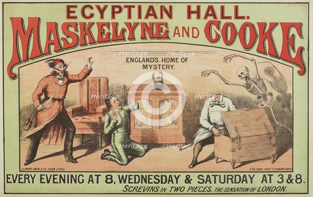 Egyptian Hall - Maskelyne and Cooke - England's Home of Mystery, Screvins in Two Pieces, 1880.  Creator: Unknown.