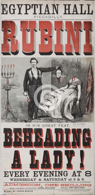 Egyptian Hall Piccadilly - Rubini in his Great Feat, Beheading a Lady!, 1867.  Creator: Unknown.