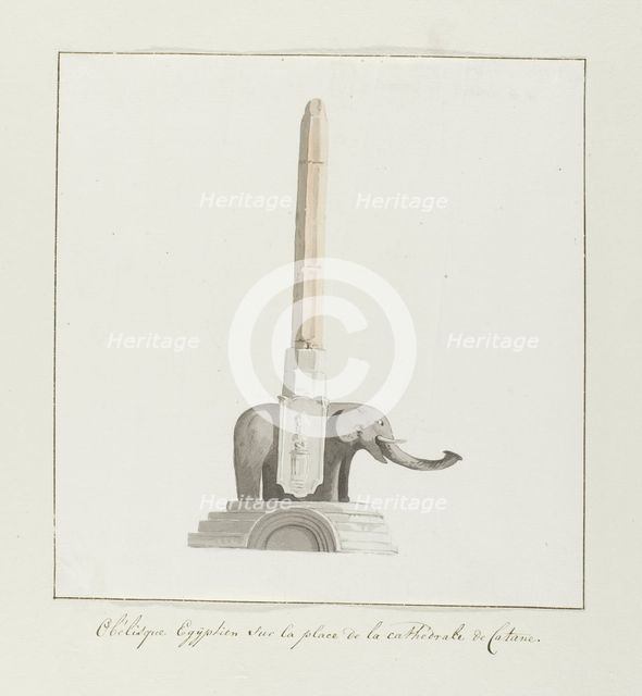 Egyptian obelisk on square in front of Catania Cathedral, 1778. Creator: Louis Ducros.
