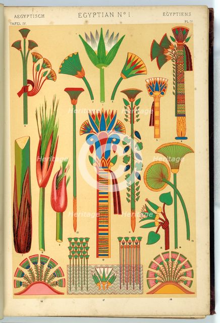 Egyptian Ornament (1). The Lotus and Papyrus. Plate 4 from the book: The grammar of ornament, 1868. Creator: Owen Jones.