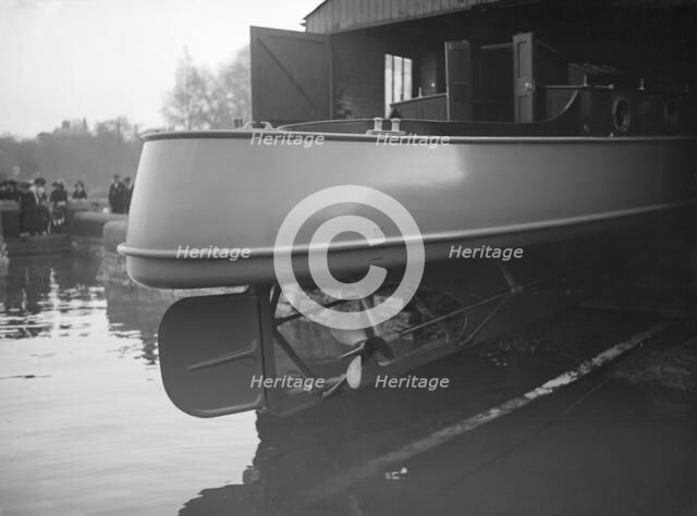 Egyptian motor launch on slipway, view of stern, 1911. Creator: Kirk & Sons of Cowes.