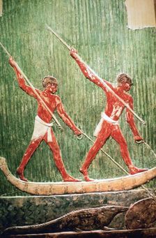 Egyptian painted relief of a hippopotamous hunt