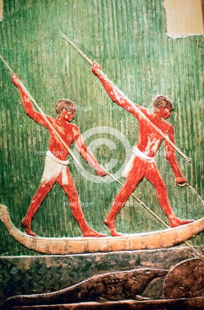 Egyptian painted relief of a hippopotamous hunt. Artist: Unknown