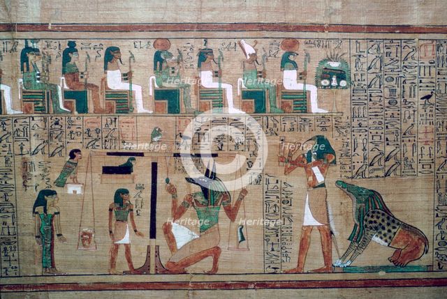 Egyptian papyrus with a depiction of the 'weighing of the heart'. Artist: Unknown