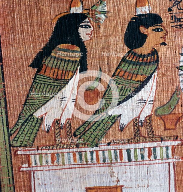 Egyptian papyrus depicting two 'soul-birds' (Bas), 13th century BC. Artist: Unknown
