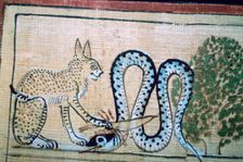 Egyptian papyrus of the cat of Ra killing Apophis the snake of evil