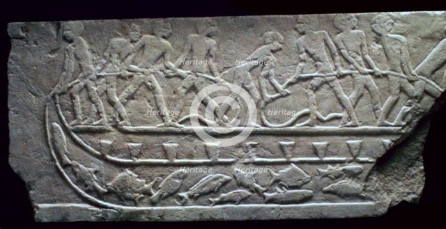 Egyptian relief of fishing from a boat with a net. Artist: Unknown