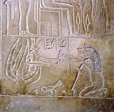 Egyptian relief, deceased priestess and Hathor with sycamore tree