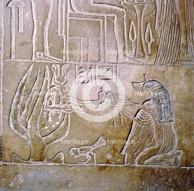 Egyptian relief, deceased priestess and Hathor with sycamore tree. Artist: Unknown.