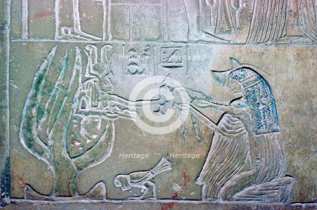 Egyptian relief showing a dead woman and Hathor. Artist: Unknown