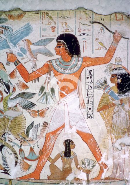 Egyptian wall-painting of fowling. Artist: Unknown