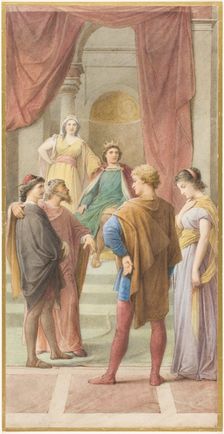 Egeus demands before the rulers Theseus and Hippolyta that his daughter Hermia should marry..., c188 Creator: Leopold Bode