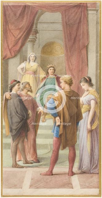 Egeus demands before the rulers Theseus and Hippolyta that his daughter Hermia should marry..., c188 Creator: Leopold Bode.