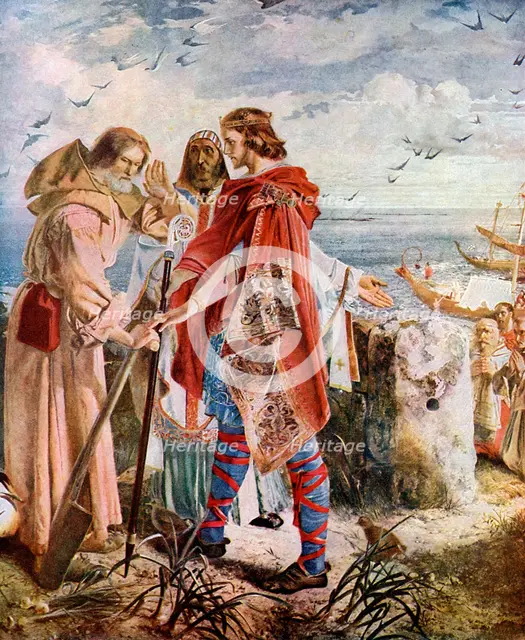 Egfrith offering the Bishopric of Hexham to Cuthbert, 678, (c1920). Artist: William Bell Scott