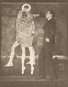 Egon Schiele by the sketch of an unfinished fresco, 1914