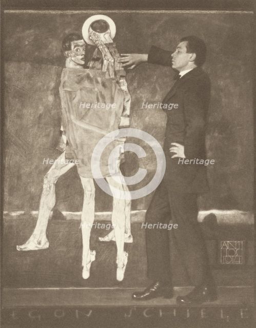 Egon Schiele by the sketch of an unfinished fresco, 1914.