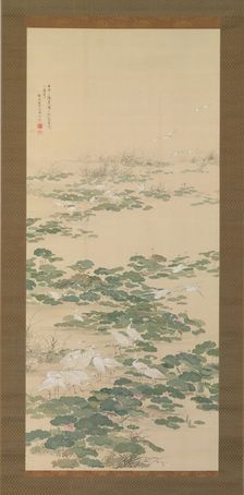 Egrets in a Lotus Pond, 1852. Creator: Yamamoto Baiitsu